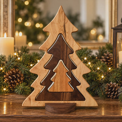 Nesting Wooden Christmas Tree Set, Solid Hardwood Holiday Decor, Maple Cherry and Walnut