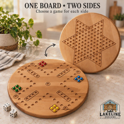 Reversible Wooden Game Board, 15 Inch – Choose Two Games: Wahoo, Chinese Checkers or Checkers