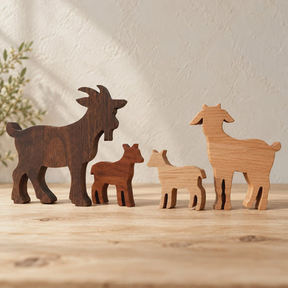 Solid Hardwood Goat Family Figurines: 4-Piece Farmhouse Shelf Decor